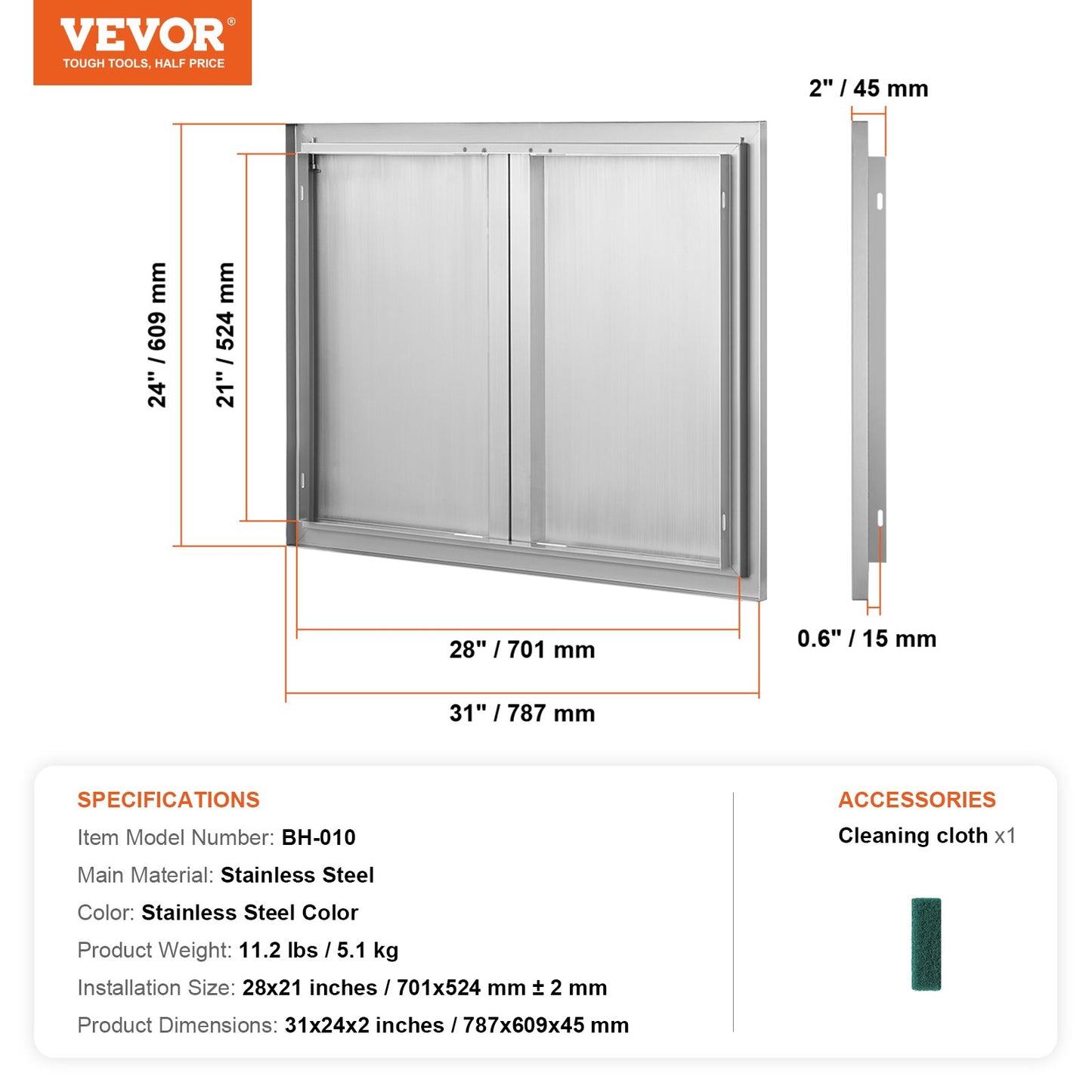 BBQ Access Door, 787x609 mm Double Outdoor Kitchen Door, Stainless Steel Flush Mount Door, Wall Vertical Door with Recessed Handles , for BBQ Island, Grilling Station, Outside Cabinet - Image 7