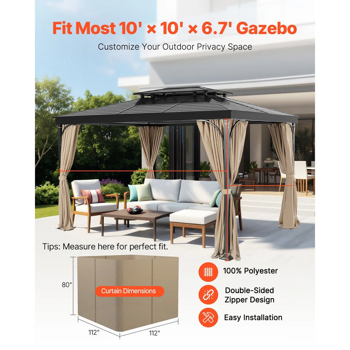 Gazebo Curtains Outdoor, Fit Most 10' x 10' x 6.7' Gazebos, 4-Panel Sidewall Gazebo Privacy Curtains with Zippers, Outdoor Curtain Replacement for Patio Canopy, Only Curtain, Khaki - Image 2
