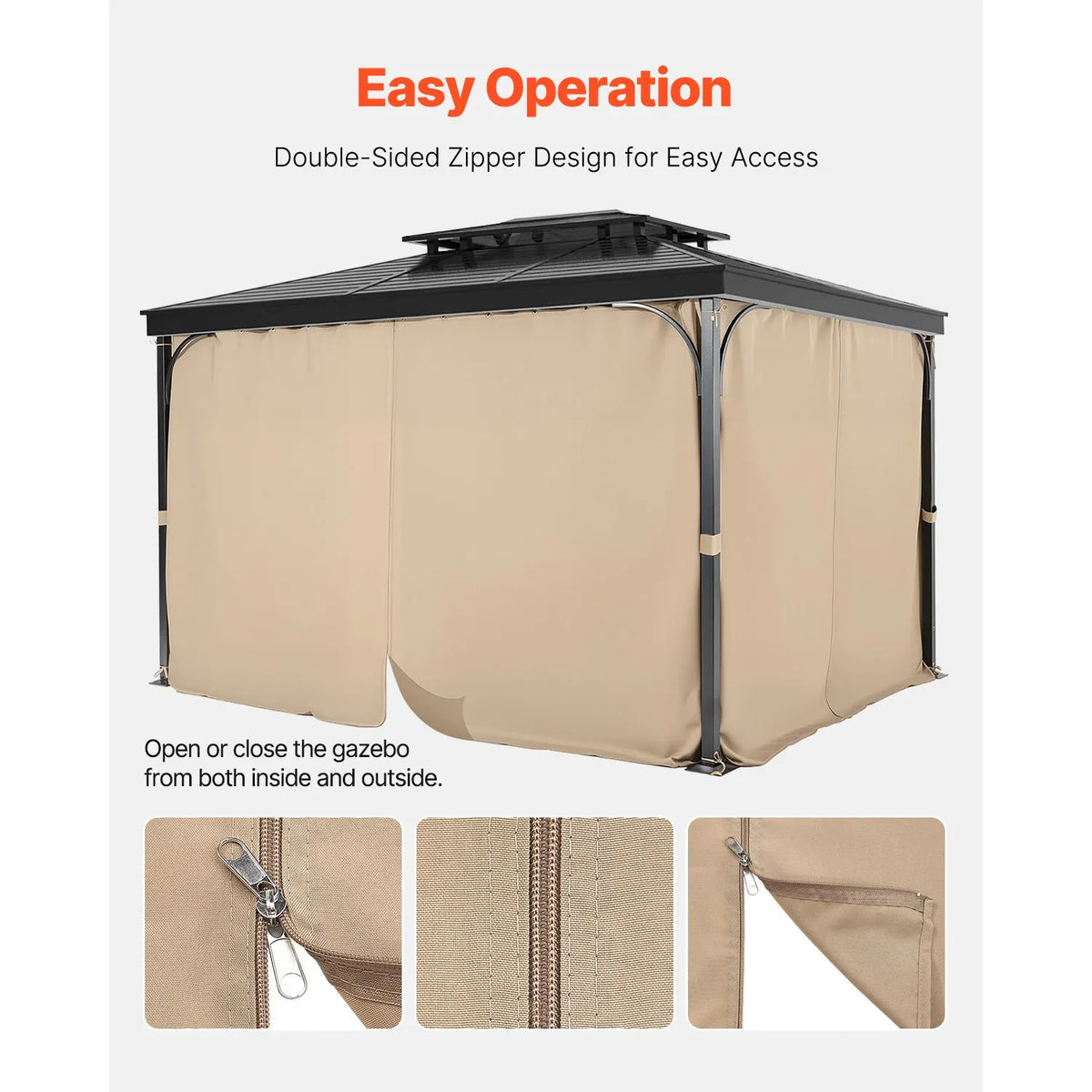 Gazebo Curtains Outdoor, Fit Most 10' x 10' x 6.7' Gazebos, 4-Panel Sidewall Gazebo Privacy Curtains with Zippers, Outdoor Curtain Replacement for Patio Canopy, Only Curtain, Khaki - Image 4