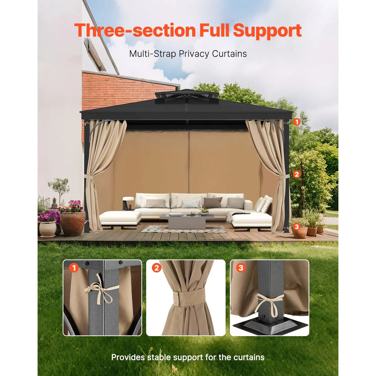 Gazebo Curtains Outdoor, Fit Most 10' x 10' x 6.7' Gazebos, 4-Panel Sidewall Gazebo Privacy Curtains with Zippers, Outdoor Curtain Replacement for Patio Canopy, Only Curtain, Khaki - Image 6
