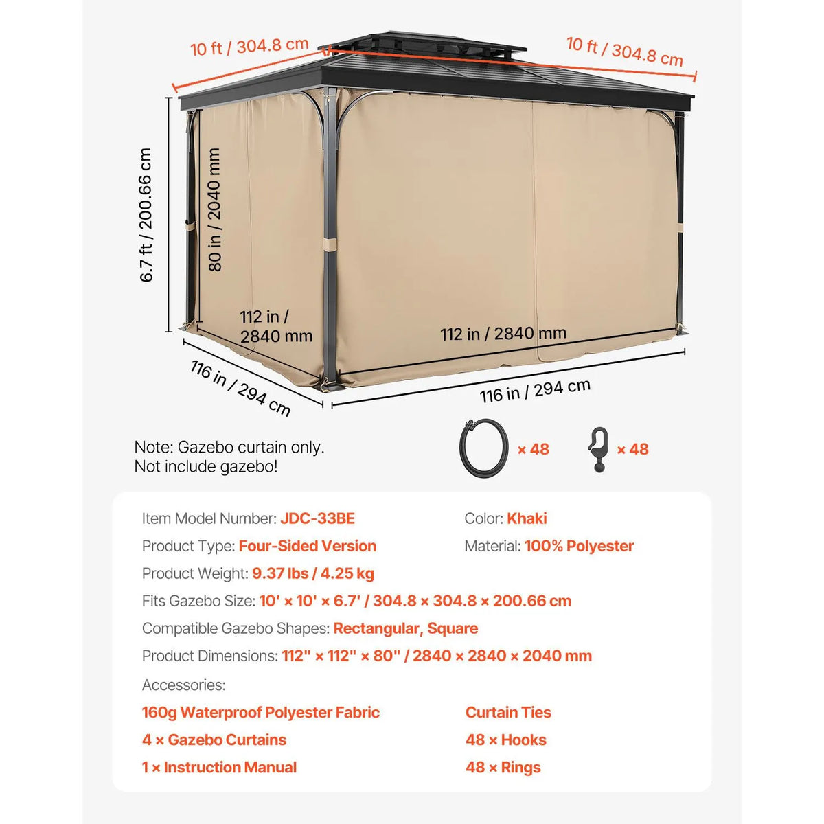 Gazebo Curtains Outdoor, Fit Most 10' x 10' x 6.7' Gazebos, 4-Panel Sidewall Gazebo Privacy Curtains with Zippers, Outdoor Curtain Replacement for Patio Canopy, Only Curtain, Khaki - Image 7