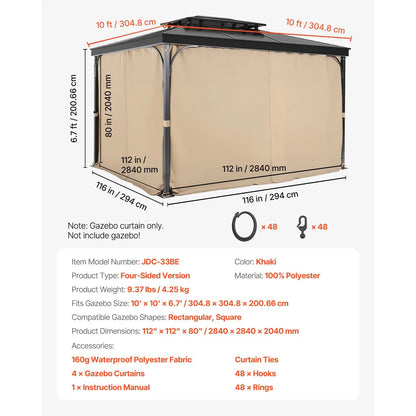 Gazebo Curtains Outdoor, Fit Most 10' x 10' x 6.7' Gazebos, 4-Panel Sidewall Gazebo Privacy Curtains with Zippers, Outdoor Curtain Replacement for Patio Canopy, Only Curtain, Khaki - Image 7