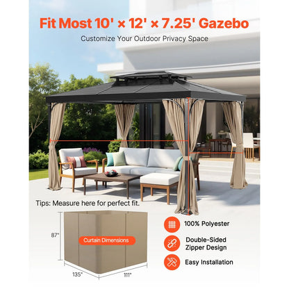 Gazebo Curtains Outdoor, 12' x 10' x 7.3' Gazebos, 4-Panel Sidewall Gazebo Privacy Curtains with Zippers, Outdoor Curtain Replacement for Patio Canopy, Only Curtain, Khaki - Image 2