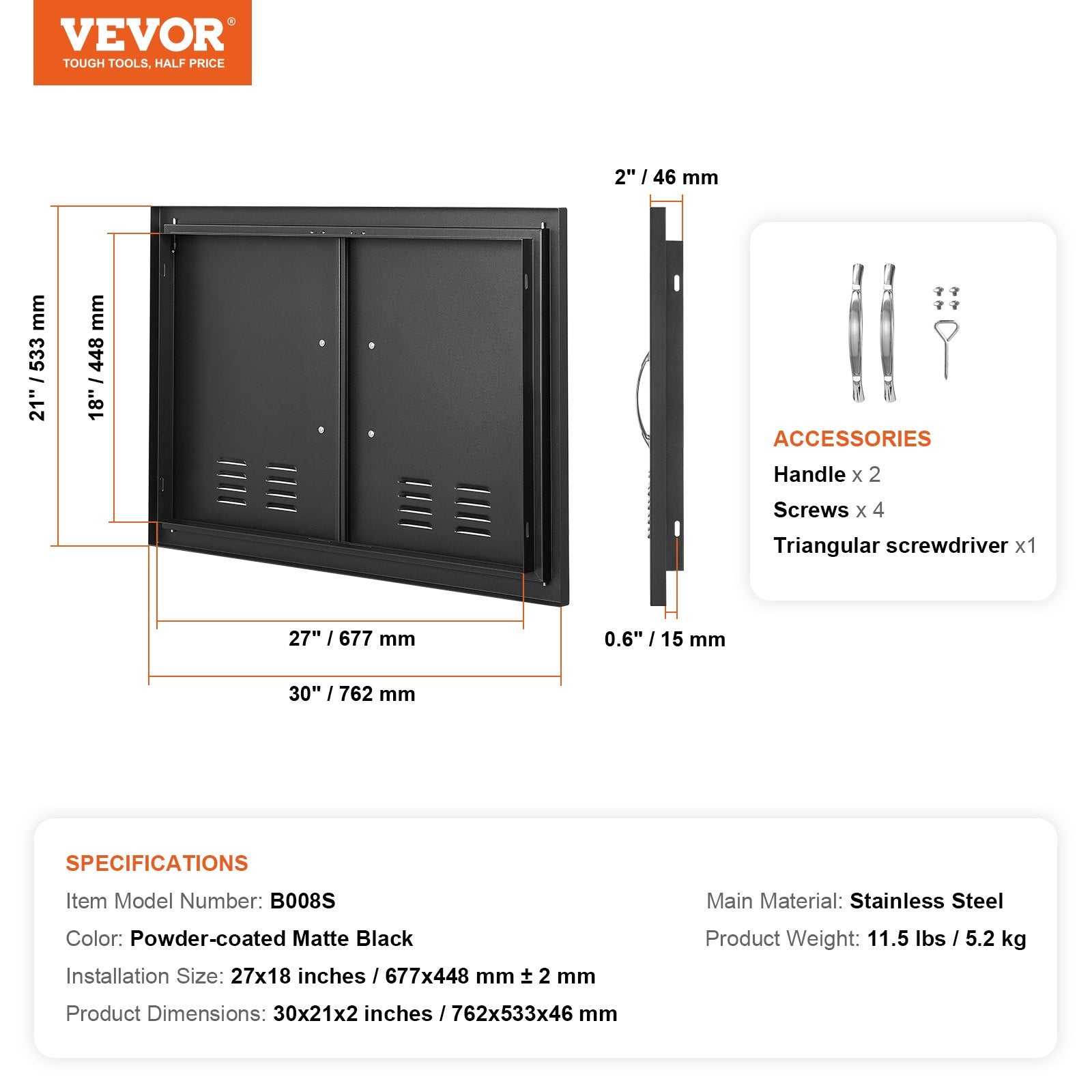 BBQ Access Door,762 x533 mm Double Outdoor Kitchen Door, Cold Plate Flush Mount Door, Wall Vertical Door with Handles and Ventss, for BBQ Island, Grilling Station, Outside Cabinet - Image 7