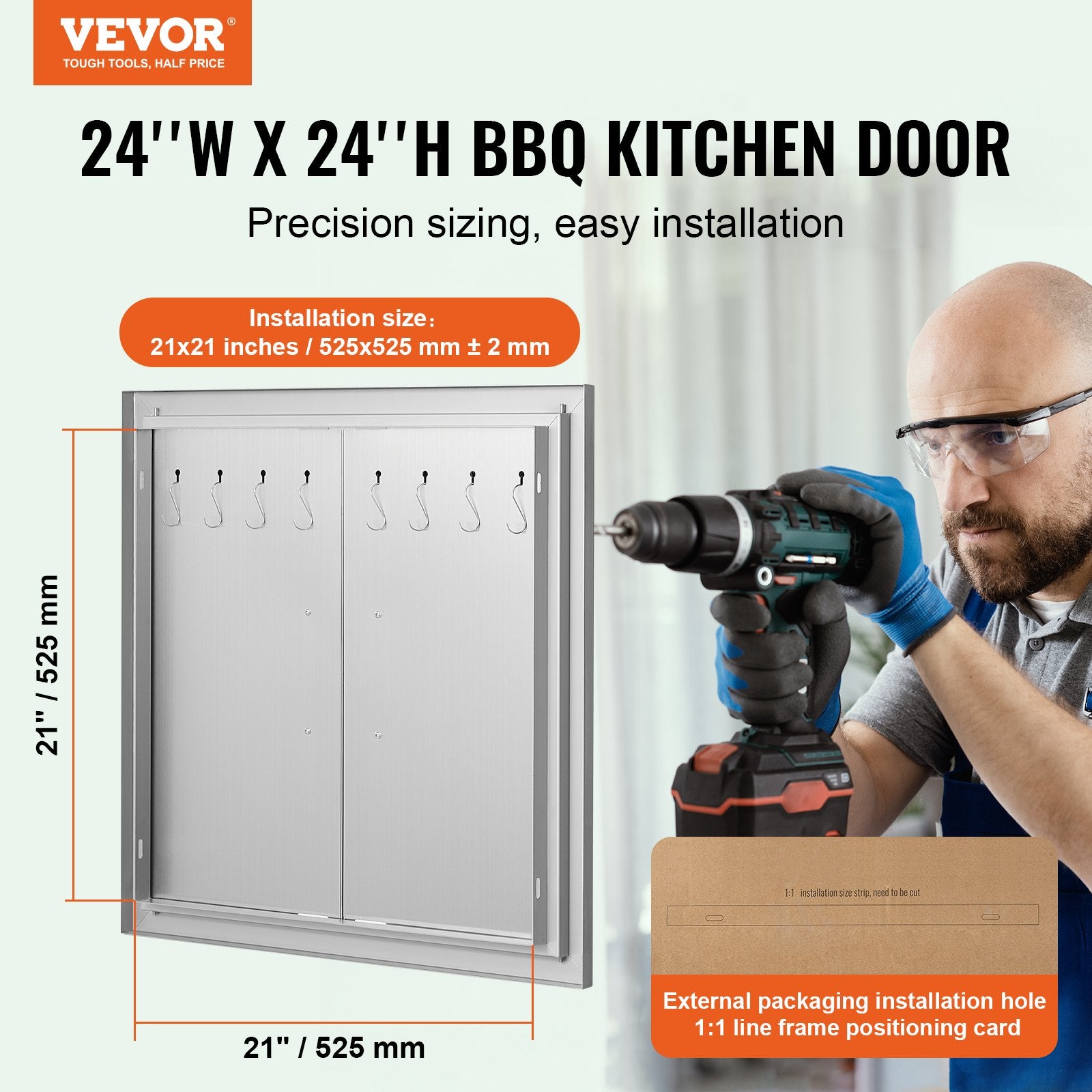 BBQ Access Door, 610x610 mm Double Outdoor Kitchen Door, Stainless Steel Flush Mount Door, Double Wall Vertical Door with Handles and Hooks, for BBQ Island, Grilling Station, Outside Cabinet - Image 2