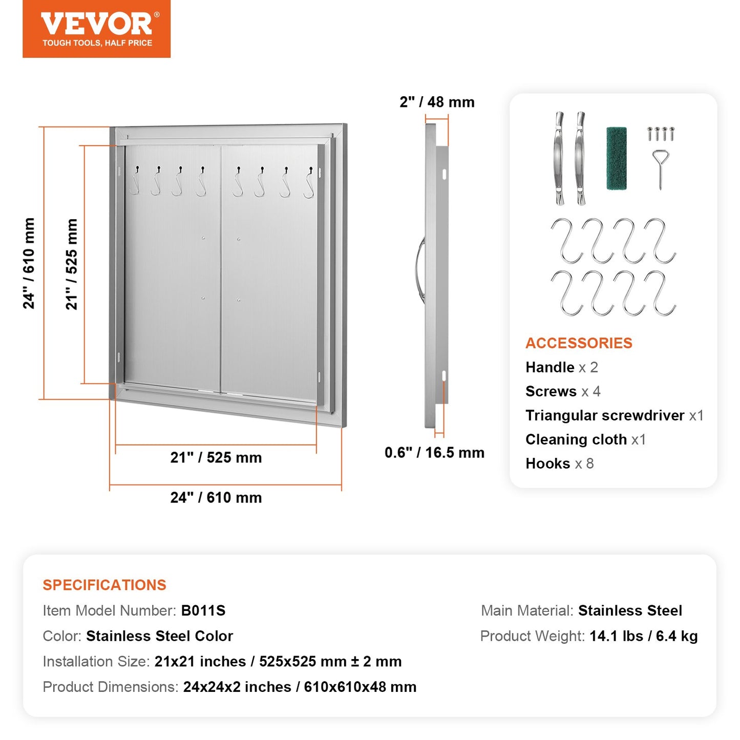 BBQ Access Door, 610x610 mm Double Outdoor Kitchen Door, Stainless Steel Flush Mount Door, Double Wall Vertical Door with Handles and Hooks, for BBQ Island, Grilling Station, Outside Cabinet - Image 7