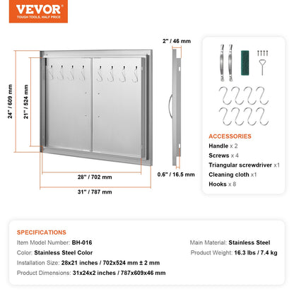 BBQ Access Door, 787x609 mm Double Outdoor Kitchen Door, Stainless Steel Flush Mount Door, Double Wall Vertical Door with Handles and Hooks, for BBQ Island, Grilling Station, Outside Cabinet - Image 7