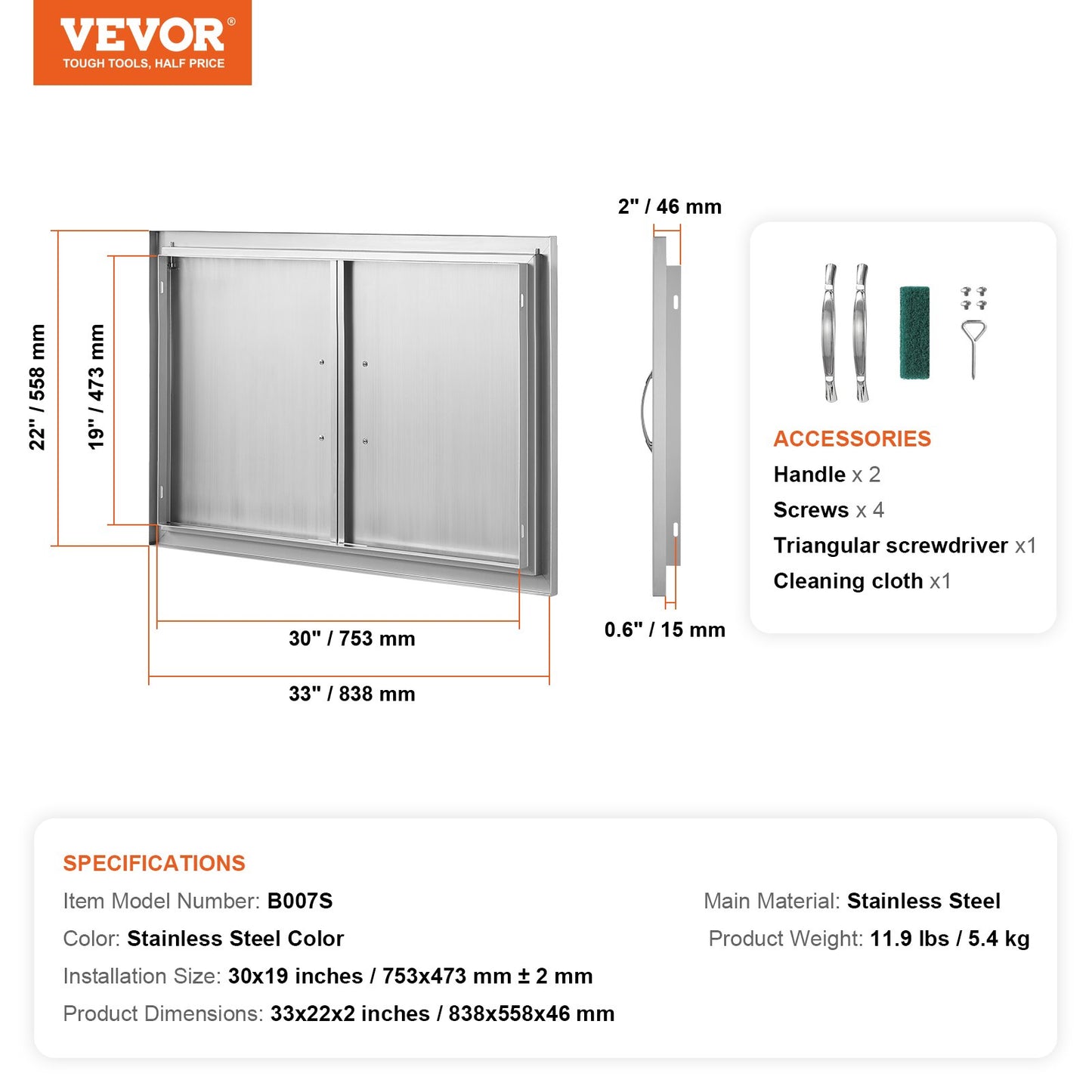 BBQ Access Door, 838x558 mm Double Outdoor Kitchen Door, Stainless Steel Flush Mount Door, Wall Vertical Door with Handles, for BBQ Island, Grilling Station, Outside Cabinet - Image 7