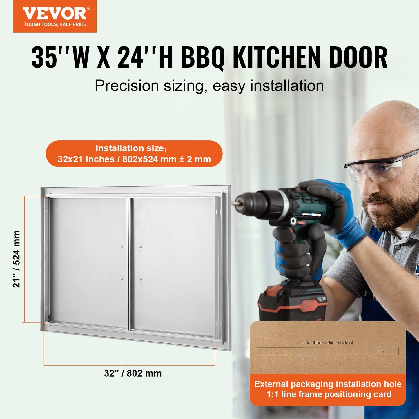 BBQ Access Door, 889x610 mm Double Outdoor Kitchen Door, Stainless Steel Flush Mount Door, Wall Vertical Door with Handles, for BBQ Island, Grilling Station, Outside Cabinet - Image 2