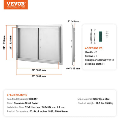 BBQ Access Door, 889x610 mm Double Outdoor Kitchen Door, Stainless Steel Flush Mount Door, Wall Vertical Door with Handles, for BBQ Island, Grilling Station, Outside Cabinet - Image 7