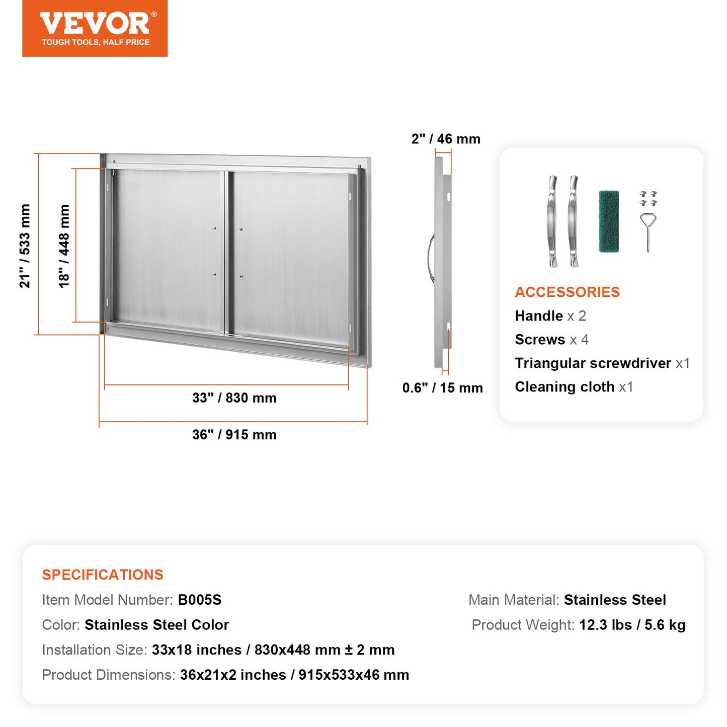 BBQ Access Door, 915x533 mm Double Outdoor Kitchen Door, Stainless Steel Flush Mount Door, Wall Vertical Door with Handles, for BBQ Island, Grilling Station, Outside Cabinet - Image 7