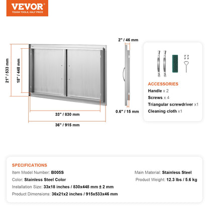 BBQ Access Door, 915x533 mm Double Outdoor Kitchen Door, Stainless Steel Flush Mount Door, Wall Vertical Door with Handles, for BBQ Island, Grilling Station, Outside Cabinet - Image 7