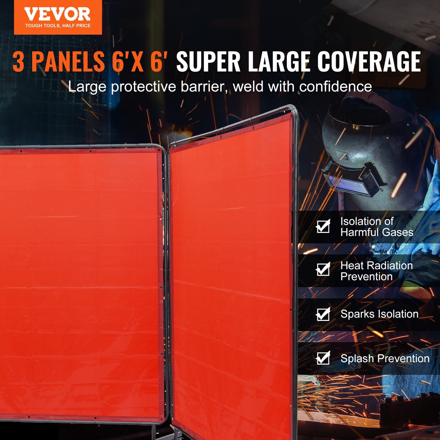 Welding Screen with Frame, 6' x 6' 3 Panel Welding Curtain Screens, Flame-Resistant Vinyl Welding Protection Screen on 12 Swivel Wheels (6 Lockable), Moveable & Professional for Workshop, Red - Image 2