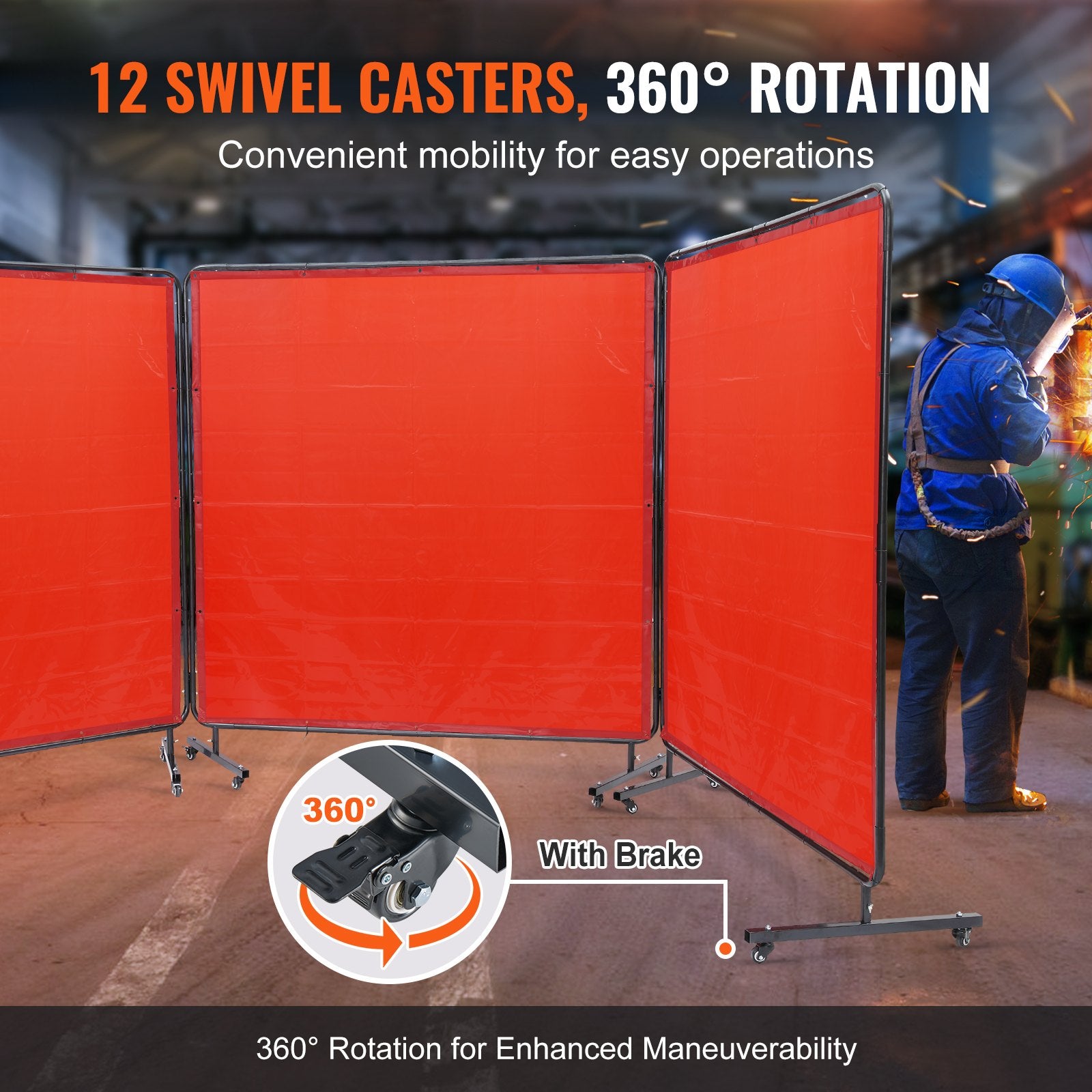 Welding Screen with Frame, 6' x 6' 3 Panel Welding Curtain Screens, Flame-Resistant Vinyl Welding Protection Screen on 12 Swivel Wheels (6 Lockable), Moveable & Professional for Workshop, Red - Image 3