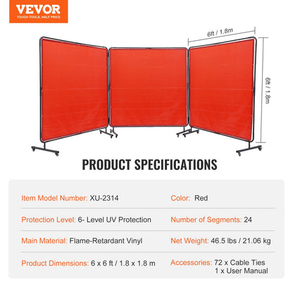 Welding Screen with Frame, 6' x 6' 3 Panel Welding Curtain Screens, Flame-Resistant Vinyl Welding Protection Screen on 12 Swivel Wheels (6 Lockable), Moveable & Professional for Workshop, Red - Image 7