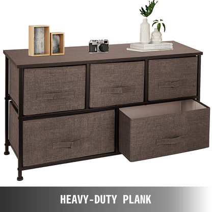 Dresser Storage Tower with 5 Fabric Drawer Steel Frame Storage Cabinet Bin Storage Organizer Unit Fabric Cube Dresser Chest Cabinet Coffee Wide (Coffee/Wide) - Image 4
