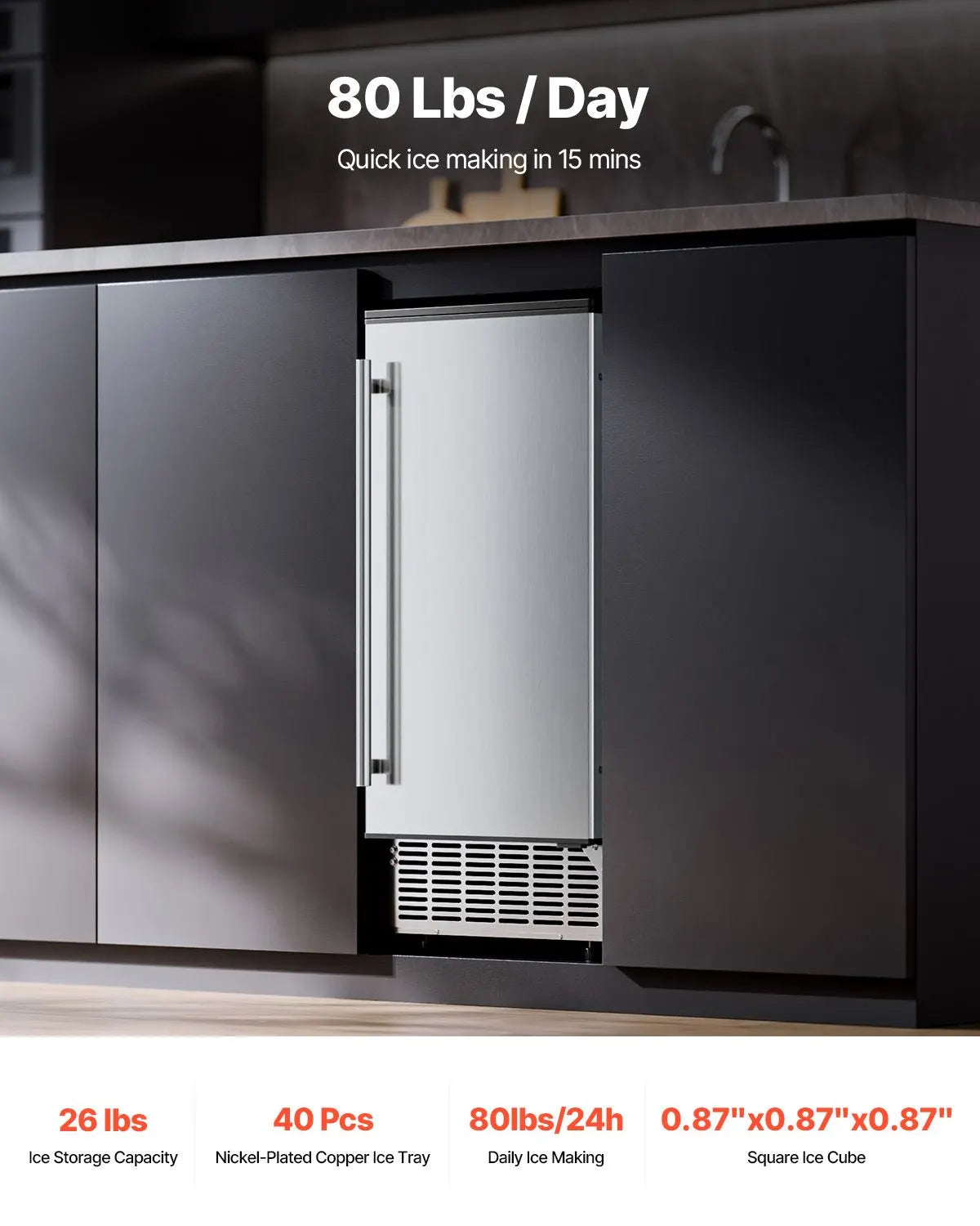 Undercounter Built-in Ice Maker, 80 Lbs/Day Under Counter Ice Maker Machine with Reversible Door Stainless Steel, Freestanding Ice Maker for Commercial Home Kitchen, Electric Drainage - Image 2