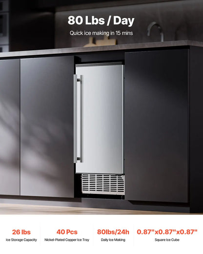 Undercounter Built-in Ice Maker, 80 Lbs/Day Under Counter Ice Maker Machine with Reversible Door Stainless Steel, Freestanding Ice Maker for Commercial Home Kitchen, Electric Drainage - Image 2