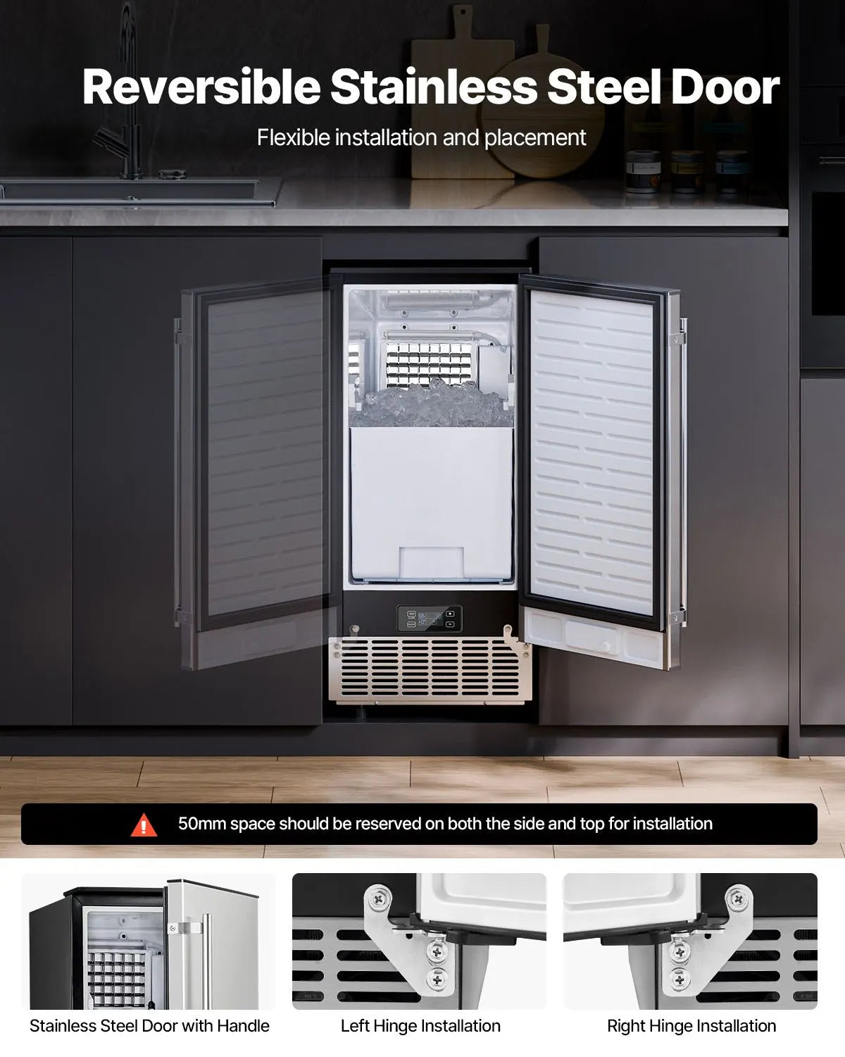 Undercounter Built-in Ice Maker, 80 Lbs/Day Under Counter Ice Maker Machine with Reversible Door Stainless Steel, Freestanding Ice Maker for Commercial Home Kitchen, Electric Drainage - Image 3
