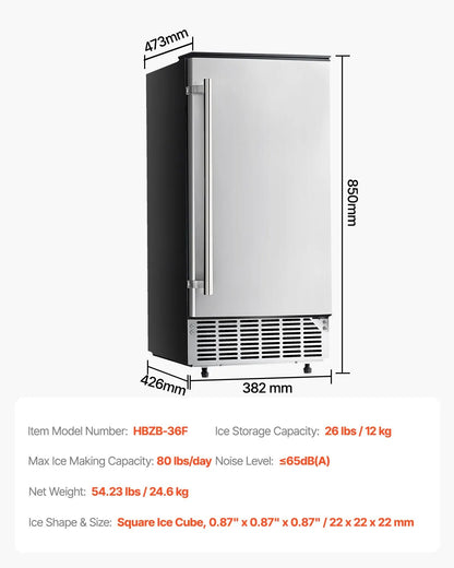 Undercounter Built-in Ice Maker, 80 Lbs/Day Under Counter Ice Maker Machine with Reversible Door Stainless Steel, Freestanding Ice Maker for Commercial Home Kitchen, Electric Drainage - Image 7