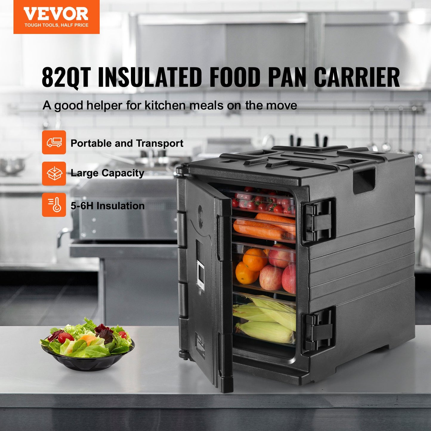 Insulated Food Pan Carrier, 82 Qt Hot Box for Catering, LLDPE Food Box Carrier w/ Double Buckles, Front Loading Food Warmer w/ Handles, Stackable End Loader for Restaurant, Canteen, etc. Black - Image 2