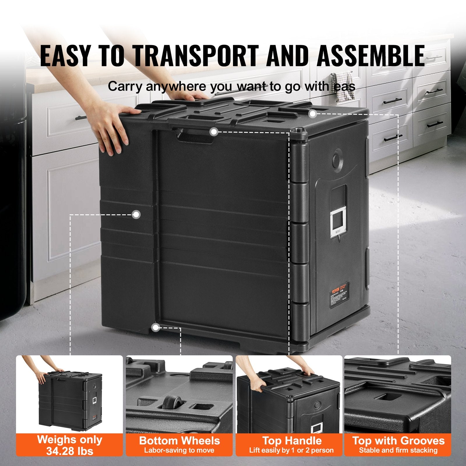 Insulated Food Pan Carrier, 82 Qt Hot Box for Catering, LLDPE Food Box Carrier w/ Double Buckles, Front Loading Food Warmer w/ Handles, Stackable End Loader for Restaurant, Canteen, etc. Black - Image 5