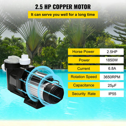 Swimming Pool Filter Pump 2.5HP, 1850W Swimming Pool Pump 148GPM, Single Speed Filter for Spa Water Circulation Above Ground Apply Swimming Pool, Bathtub - Image 3