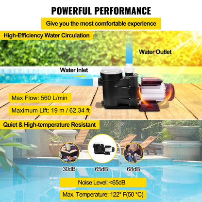 Swimming Pool Filter Pump 2.5HP, 1850W Swimming Pool Pump 148GPM, Single Speed Filter for Spa Water Circulation Above Ground Apply Swimming Pool, Bathtub - Image 4