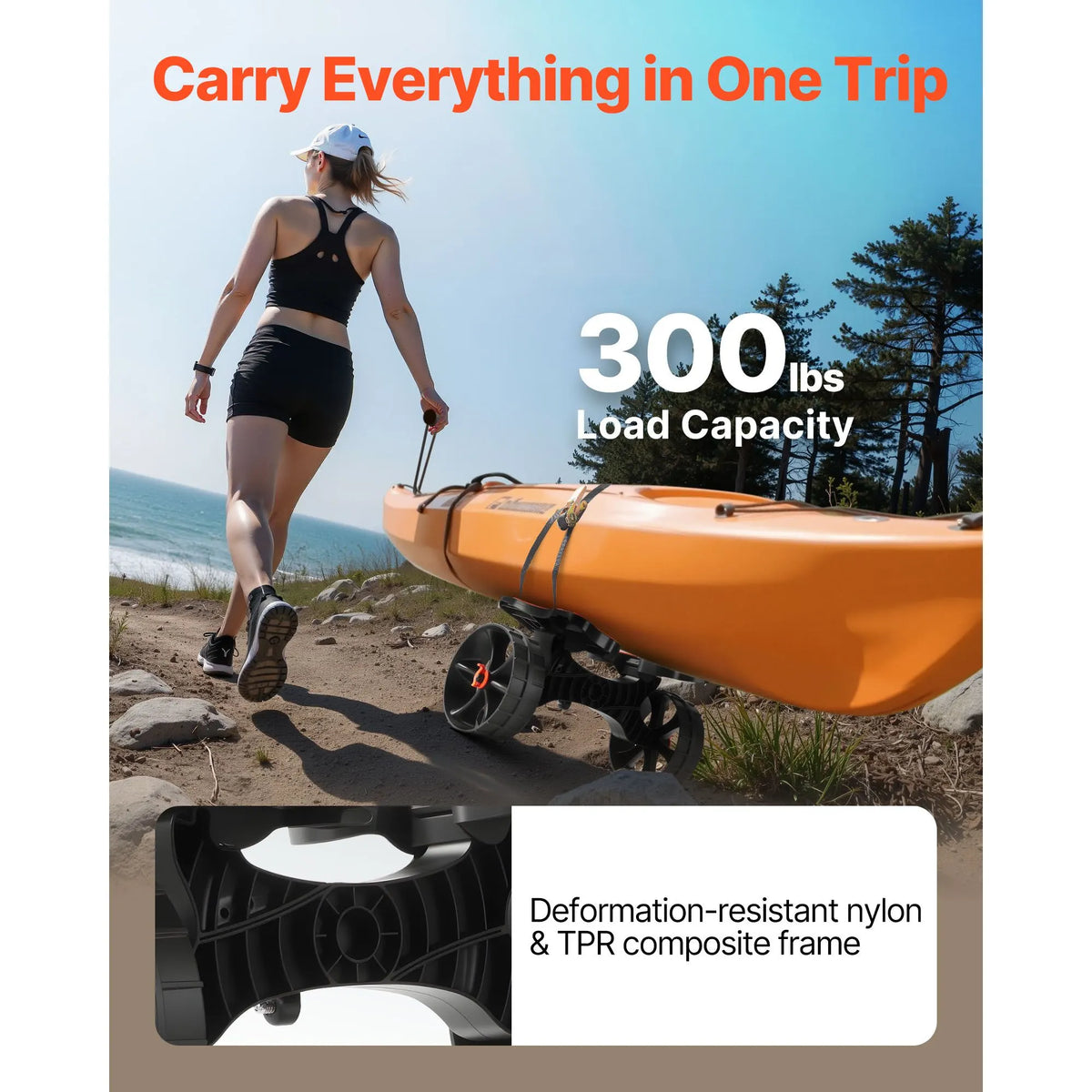 Kayak Cart, 136.1 kg Load Capacity, Foldable Kayak Trolley with 25.4 cm Solid Rubber Tires & 1 Ratchet Strap, Paddle Board Trolley for Carrying Kayaks, Canoes, Paddleboards, Float Mats,Jon Boats - Image 2