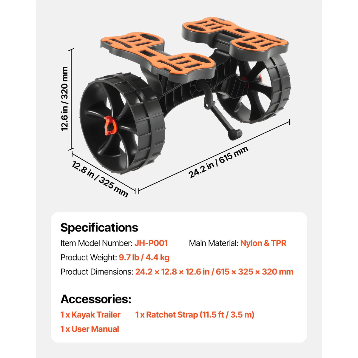 Kayak Cart, 136.1 kg Load Capacity, Foldable Kayak Trolley with 25.4 cm Solid Rubber Tires & 1 Ratchet Strap, Paddle Board Trolley for Carrying Kayaks, Canoes, Paddleboards, Float Mats,Jon Boats - Image 7