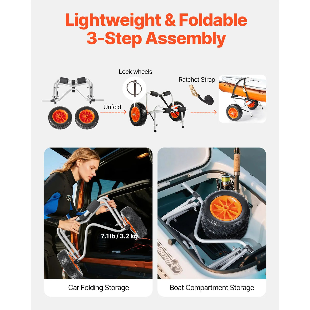 Kayak Cart, 113.4 kg Load Capacity, Foldable Kayak Trolley with 25.4 cm Solid Rubber Tires & 1 Ratchet Strap, Paddle Board Trolley for Carrying Kayaks, Canoes, Paddleboards, Float Mats,Jon Boats - Image 6