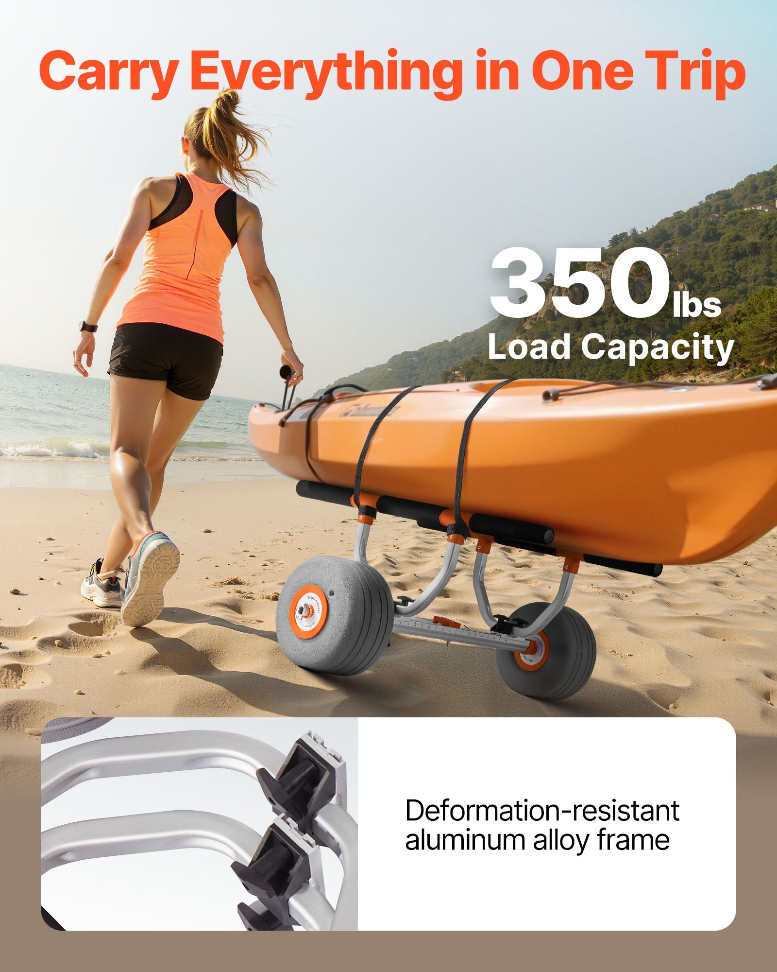 Kayak Cart, 158.8 kg Load Capacity, Kayak Trolley with 30.5 cm Inflatable PU Tires & 2 Straps, Assembles & Disassembles Within Seconds, Paddle Board Trolley for Carrying Kayaks and Canoes - Image 2
