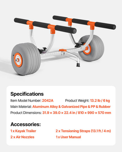 Kayak Cart, 158.8 kg Load Capacity, Kayak Trolley with 30.5 cm Inflatable PU Tires & 2 Straps, Assembles & Disassembles Within Seconds, Paddle Board Trolley for Carrying Kayaks and Canoes - Image 7