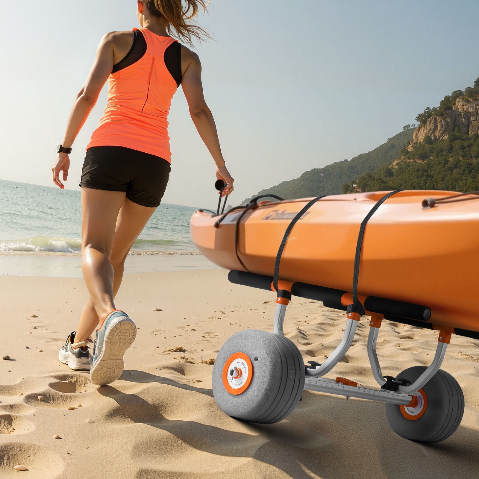 Kayak Cart, 158.8 kg Load Capacity, Kayak Trolley with 30.5 cm Inflatable PU Tires & 2 Straps, Assembles & Disassembles Within Seconds, Paddle Board Trolley for Carrying Kayaks and Canoes - Image 8
