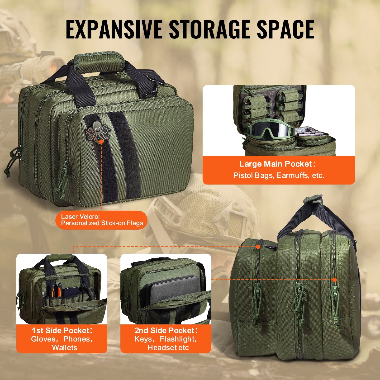 Range Bag for 2 Pistols Tactical Gun Bag 2 Built-in Pistol Bags Green - Image 4