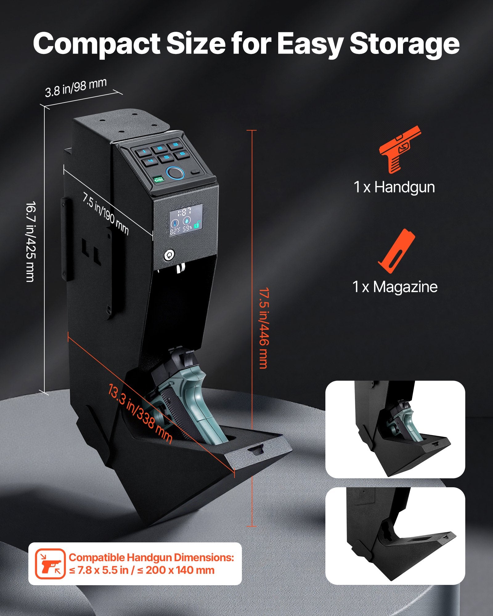 Gun Safe, Slider Handgun Gun Safe with Screen, Fingerprint/Password/Key, 3-Way Quick Access Firearm Case Box with LED for 1 Pistol & Magazine, Mounted Gun Box for Nightstand Bedside Desk Car - Image 3