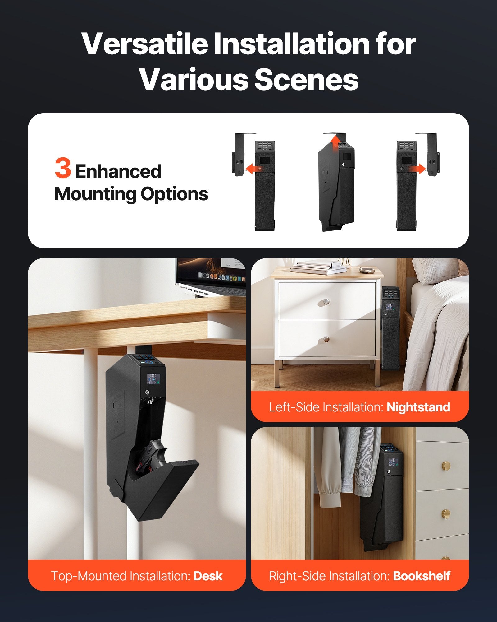 Gun Safe, Slider Handgun Gun Safe with Screen, Fingerprint/Password/Key, 3-Way Quick Access Firearm Case Box with LED for 1 Pistol & Magazine, Mounted Gun Box for Nightstand Bedside Desk Car - Image 6