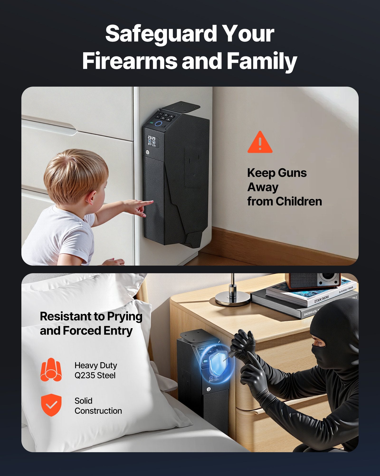 Gun Safe, Slider Handgun Gun Safe with Screen, Fingerprint/Password/Key, 3-Way Quick Access Firearm Case Box with LED for 1 Pistol & Magazine, Mounted Gun Box for Nightstand Bedside Desk Car - Image 7