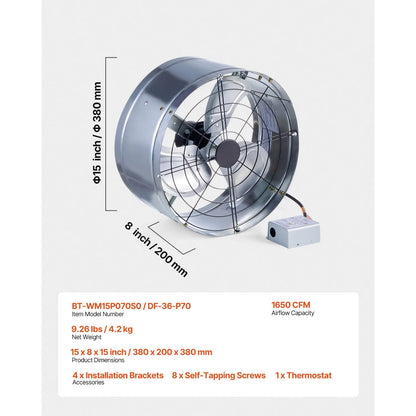 380 mm Gable Mount Fan 1300 CFM Attic Vent Fan with Adjustable Thermostat - Image 7