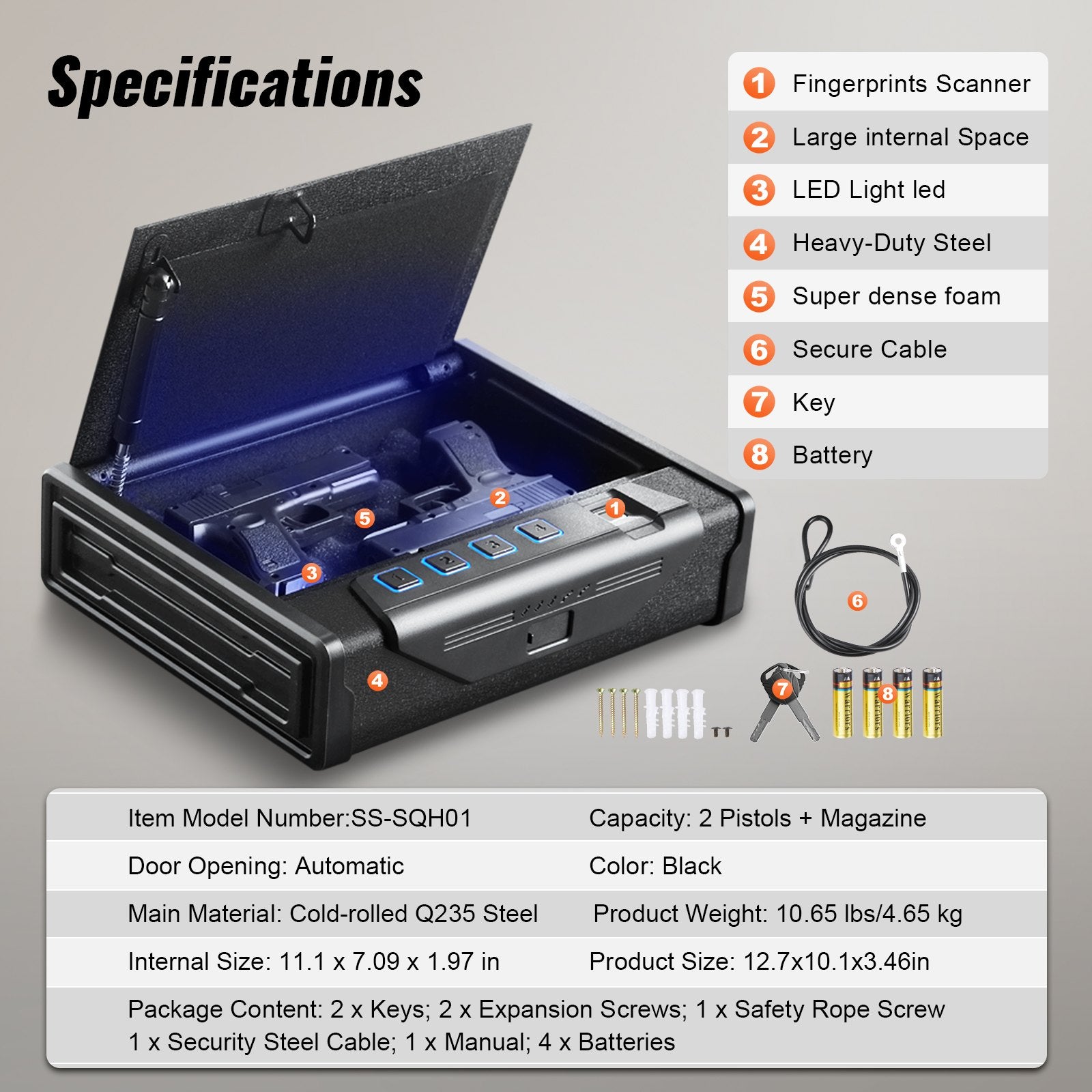 Gun Safe for Pistols Biometric Gun Safe with 3 Access Ways for 2 Pistols - Image 7