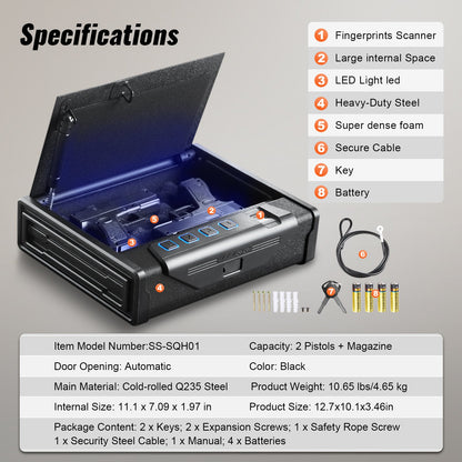 Gun Safe for Pistols Biometric Gun Safe with 3 Access Ways for 2 Pistols - Image 7