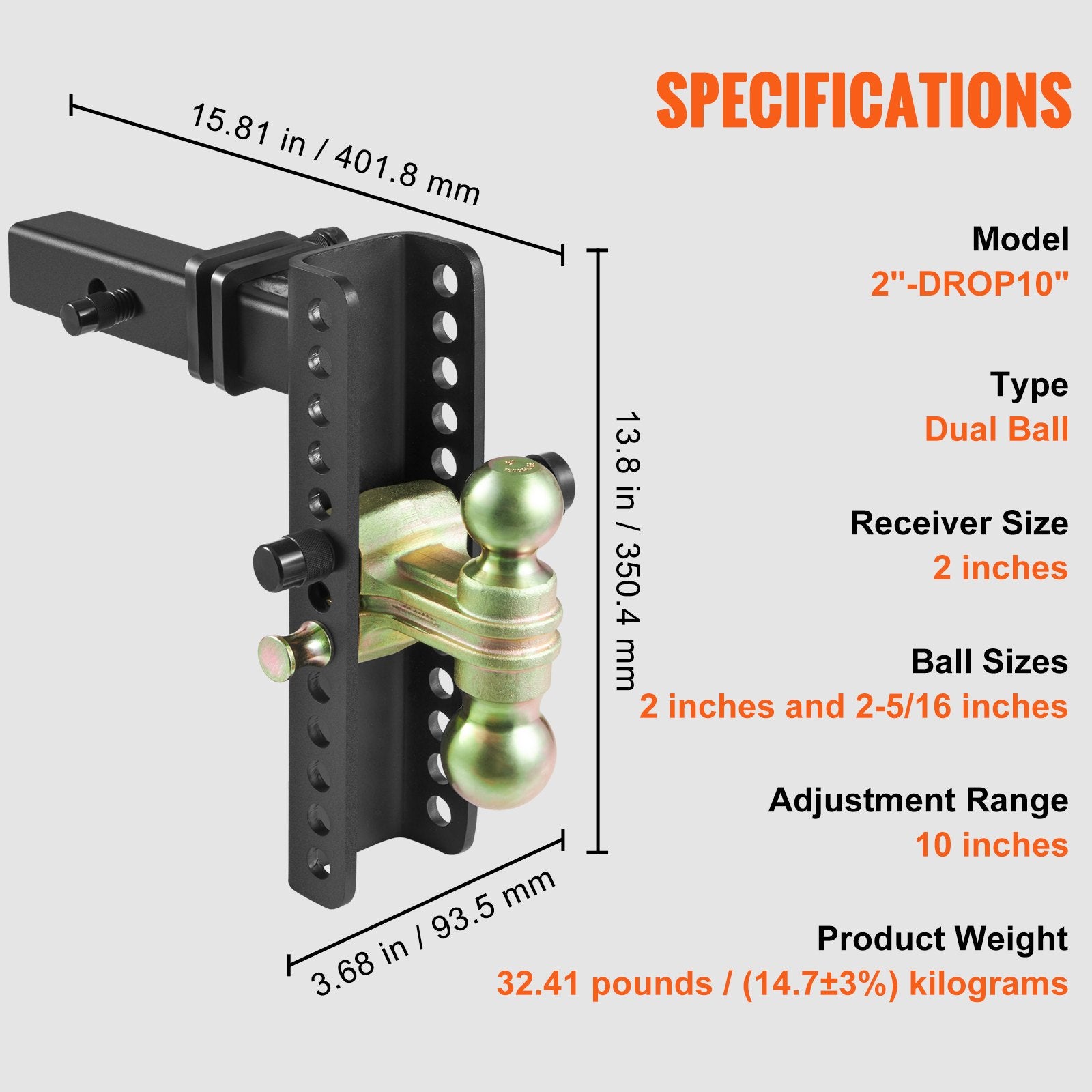 Adjustable Trailer Hitch, 25.4 cm Drop & 21.59 cm Rise Hitch Ball Mount with 5.08 cm Receiver, Solid Tube, 6350 kgs GTW, 5.08 cm & 5.08-0.79 cm 45# Steel Tow Balls with Key Lock for Truck Towing - Image 7