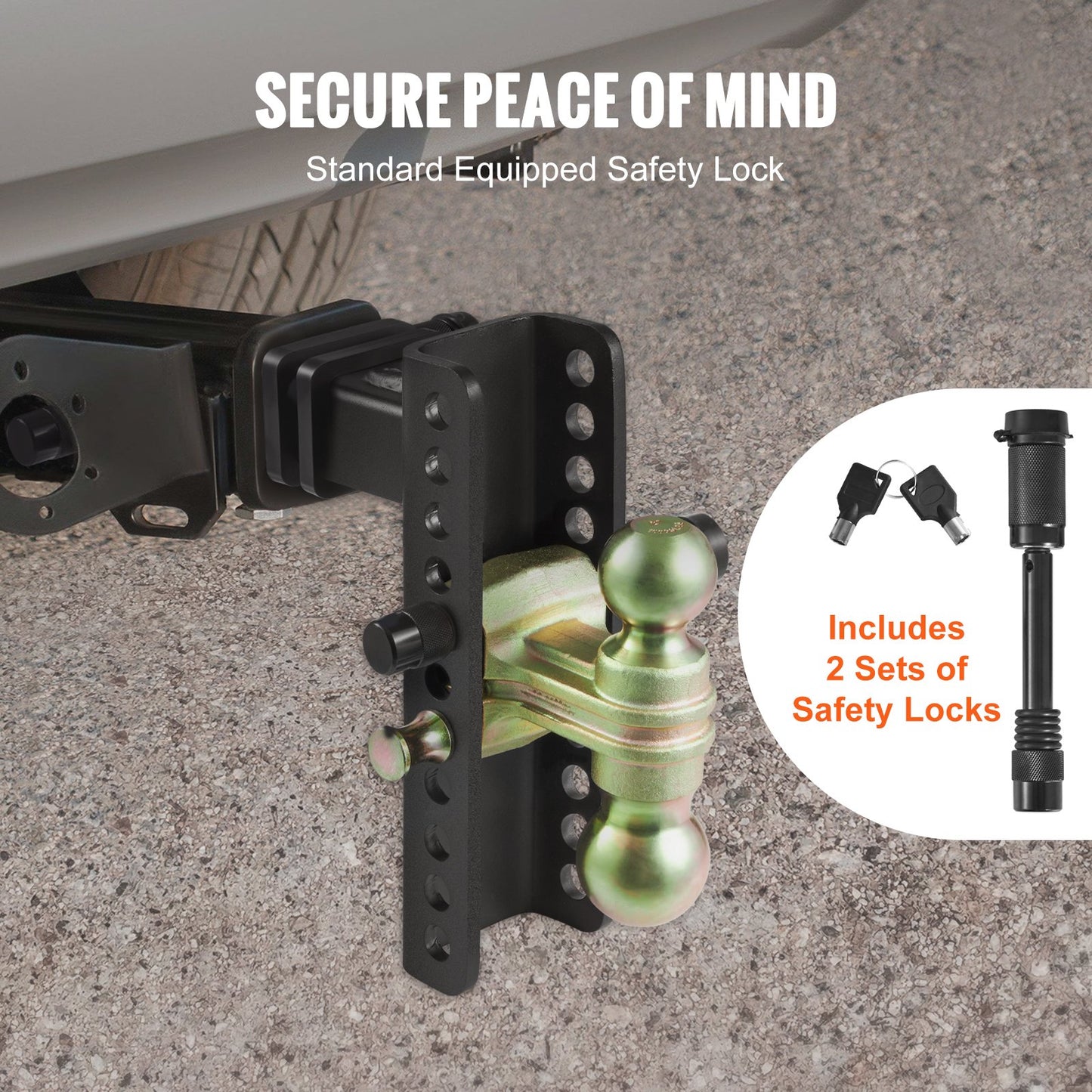 Adjustable Trailer Hitch, 203.2 mm Drop & 165.1 mm Rise Hitch Ball Mount with 50.8 mm Receiver, Solid Tube, 6350 kg GTW, 50.8 m and 58.7 mm 45# Steel Tow Balls with Key Lock for Truck Towing - Image 5