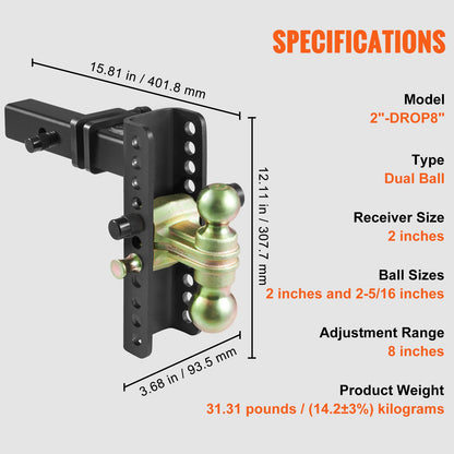 Adjustable Trailer Hitch, 203.2 mm Drop & 165.1 mm Rise Hitch Ball Mount with 50.8 mm Receiver, Solid Tube, 6350 kg GTW, 50.8 m and 58.7 mm 45# Steel Tow Balls with Key Lock for Truck Towing - Image 7