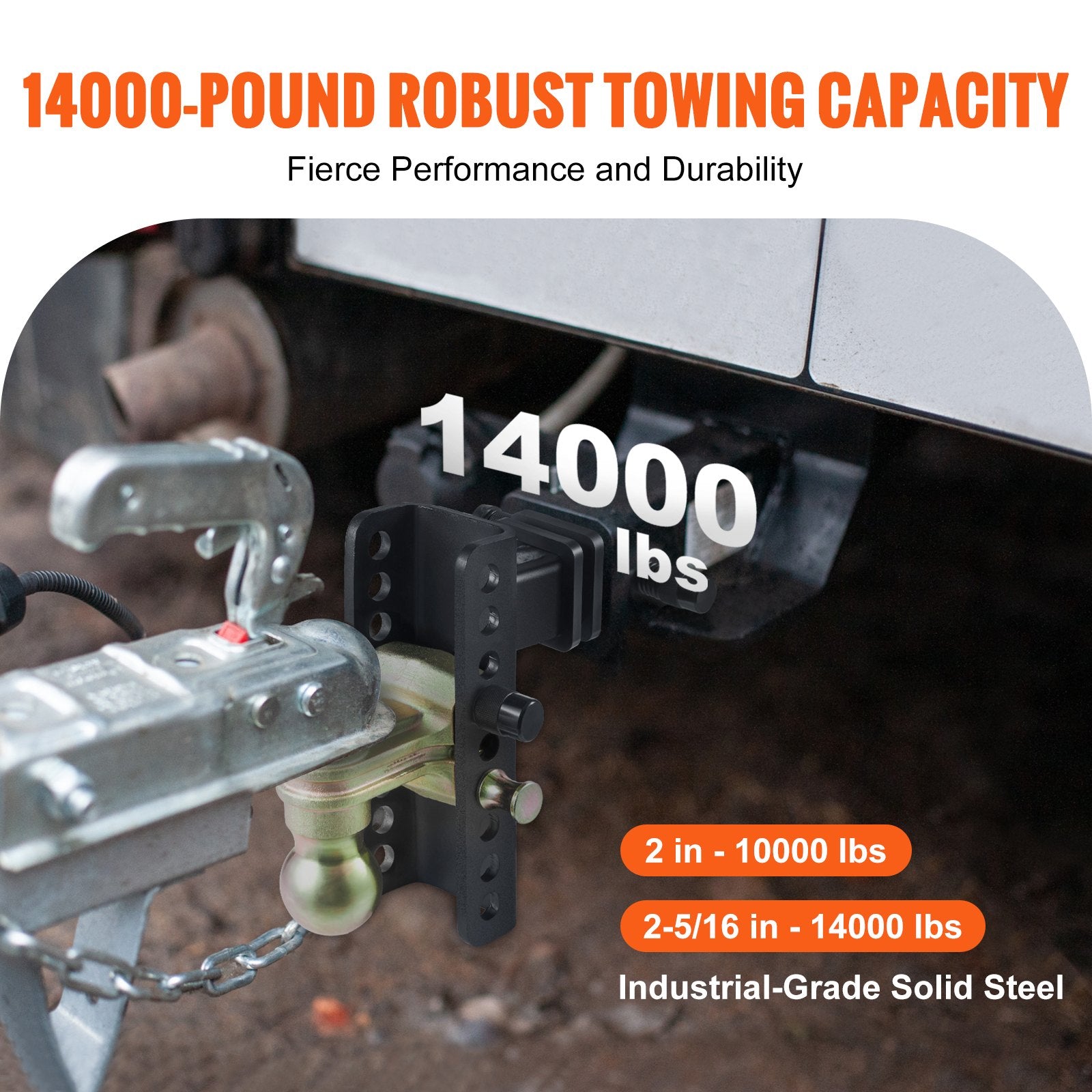 Adjustable Trailer Hitch, 152.4 mm Drop & 114.3 mm Rise Hitch Ball Mount with 50.8 mm Receiver, Solid Tube, 6350 kg GTW, 50.8 mm and 58.7 mm 45# Steel Tow Balls with Key Lock for Truck Towing - Image 3