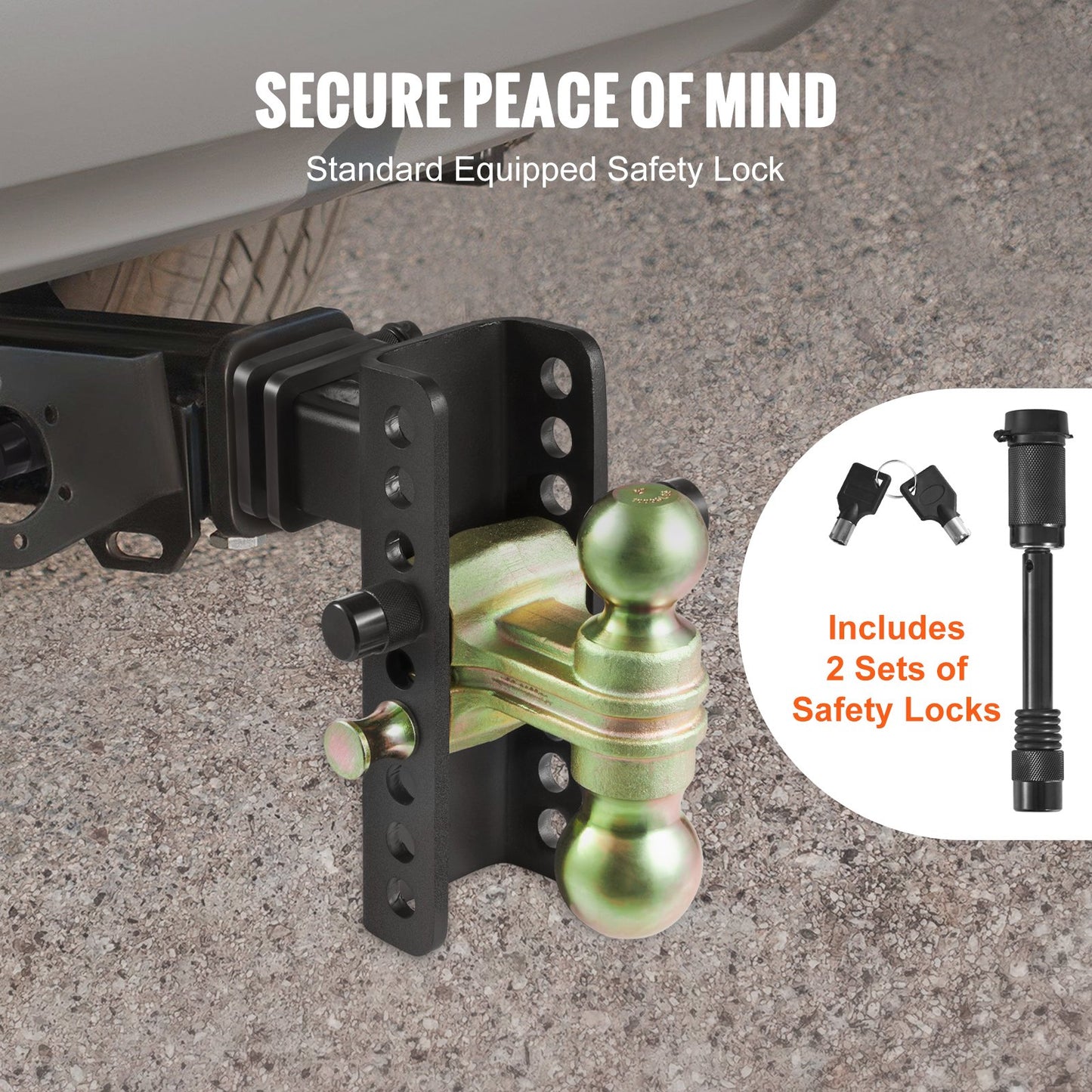 Adjustable Trailer Hitch, 152.4 mm Drop & 114.3 mm Rise Hitch Ball Mount with 50.8 mm Receiver, Solid Tube, 6350 kg GTW, 50.8 mm and 58.7 mm 45# Steel Tow Balls with Key Lock for Truck Towing - Image 5