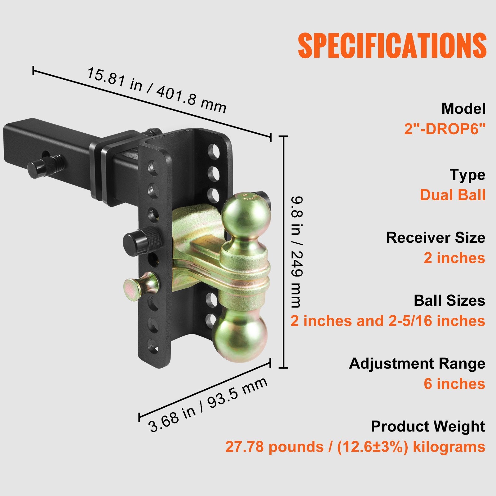 Adjustable Trailer Hitch, 152.4 mm Drop & 114.3 mm Rise Hitch Ball Mount with 50.8 mm Receiver, Solid Tube, 6350 kg GTW, 50.8 mm and 58.7 mm 45# Steel Tow Balls with Key Lock for Truck Towing - Image 7