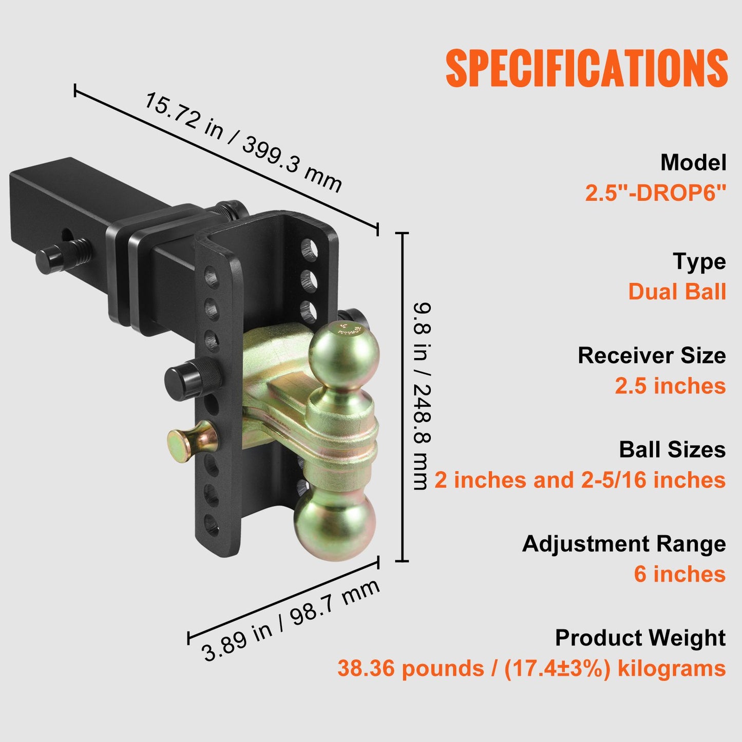 Adjustable Trailer Hitch, 15cm Drop & 11.43cm Rise Hitch Ball Mount with 6.35cm Receiver, Solid Tube, 6577 kgs GTW, 5.08cm & 5.08-0.79cm 45# Steel Tow Balls with Key Lock for Truck Towing - Image 7