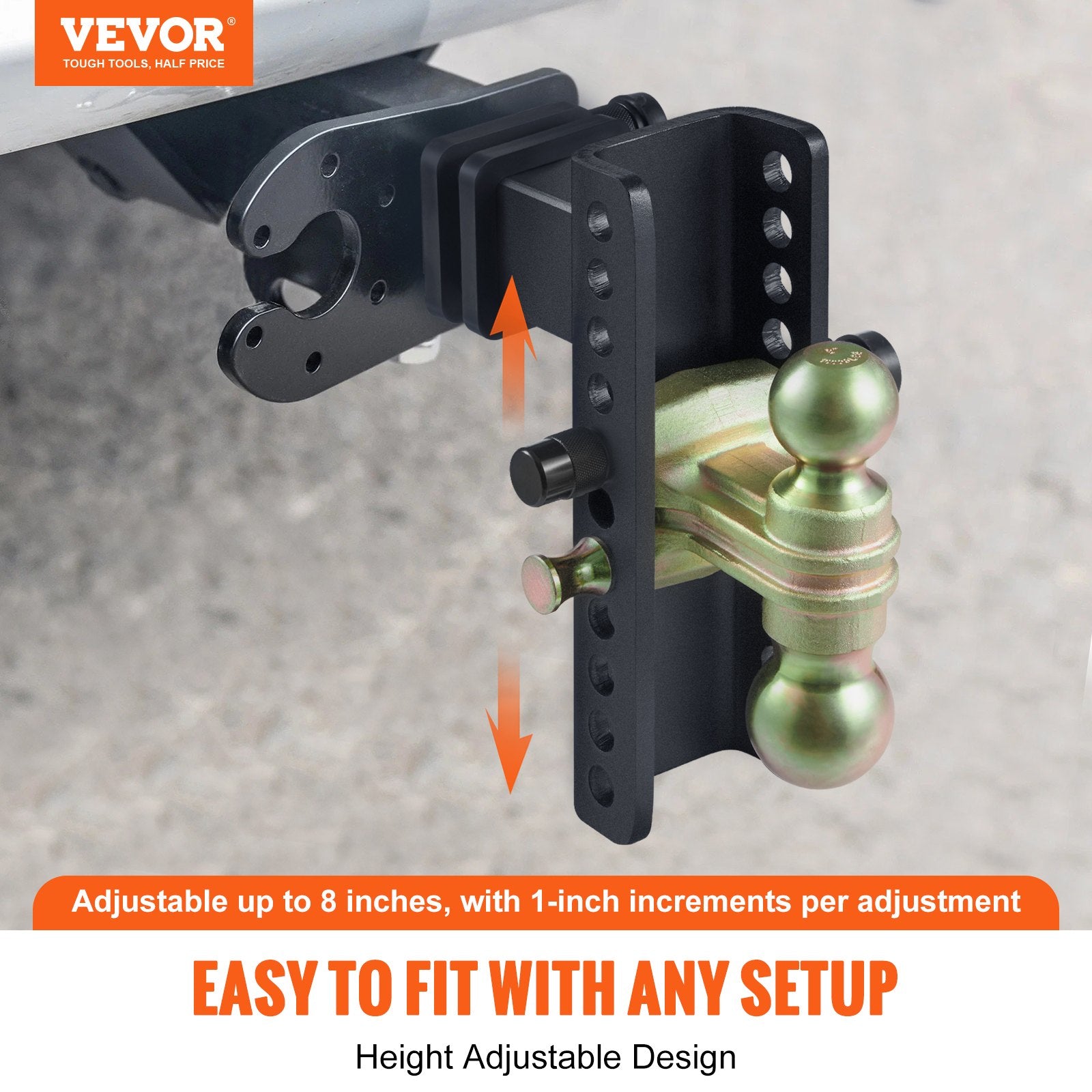 Adjustable Trailer Hitch, 203.2 mm Drop & 165.1 mm Rise Hitch Ball Mount with 63.5 mm Receiver, Solid Tube, 6577 kg GTW, 50.8 mm & 58.7 mm 45# Steel Tow Balls with Key Lock for Truck Towing - Image 2