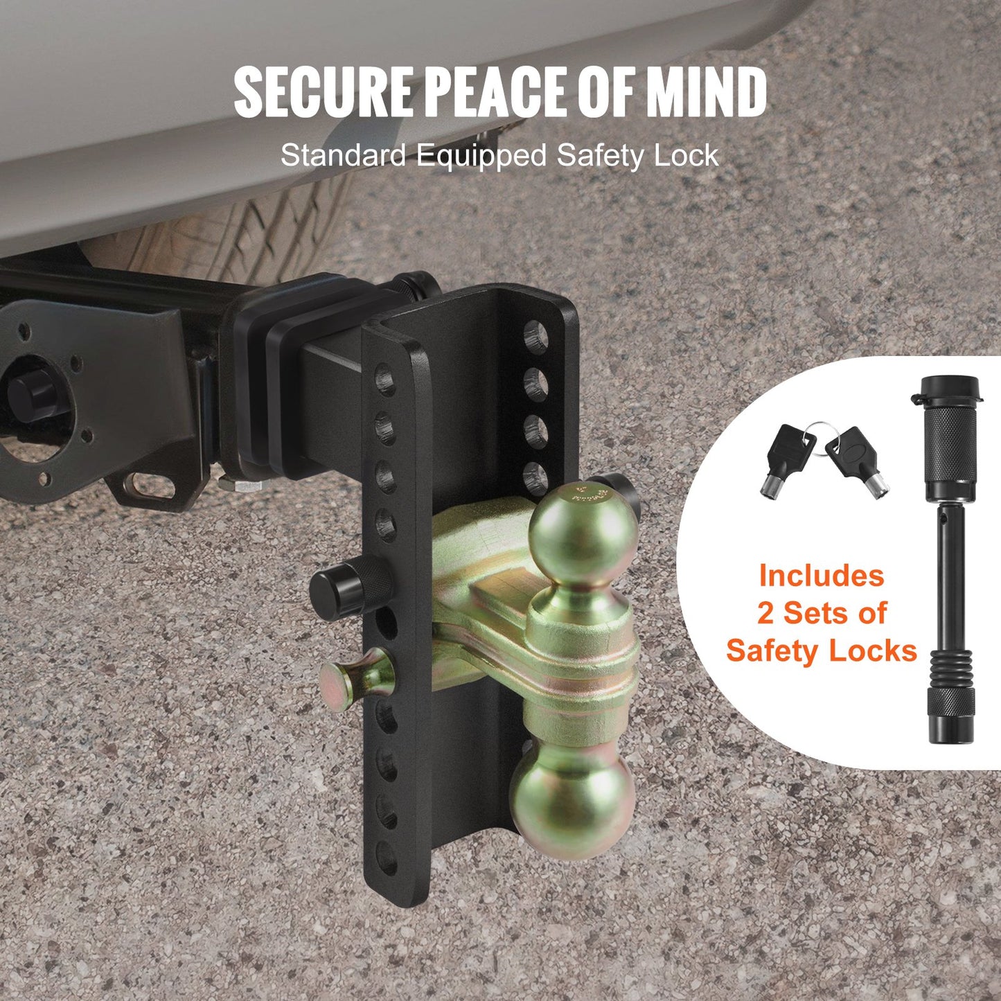 Adjustable Trailer Hitch, 203.2 mm Drop & 165.1 mm Rise Hitch Ball Mount with 63.5 mm Receiver, Solid Tube, 6577 kg GTW, 50.8 mm & 58.7 mm 45# Steel Tow Balls with Key Lock for Truck Towing - Image 5
